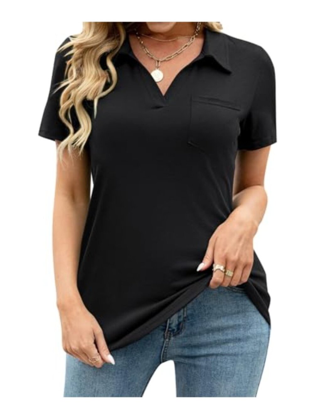 Womens V Neck Polo Shirt Collared Short Sleeve Pocket Casual Top